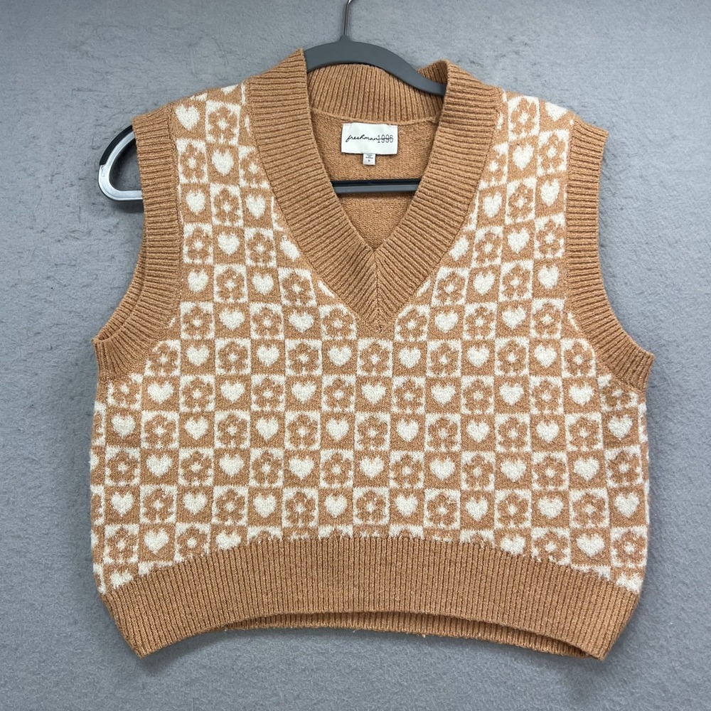 Freshman 1996 Sweater Womens S Brown Checked Knit Vest Heart Flower V‎ Neck